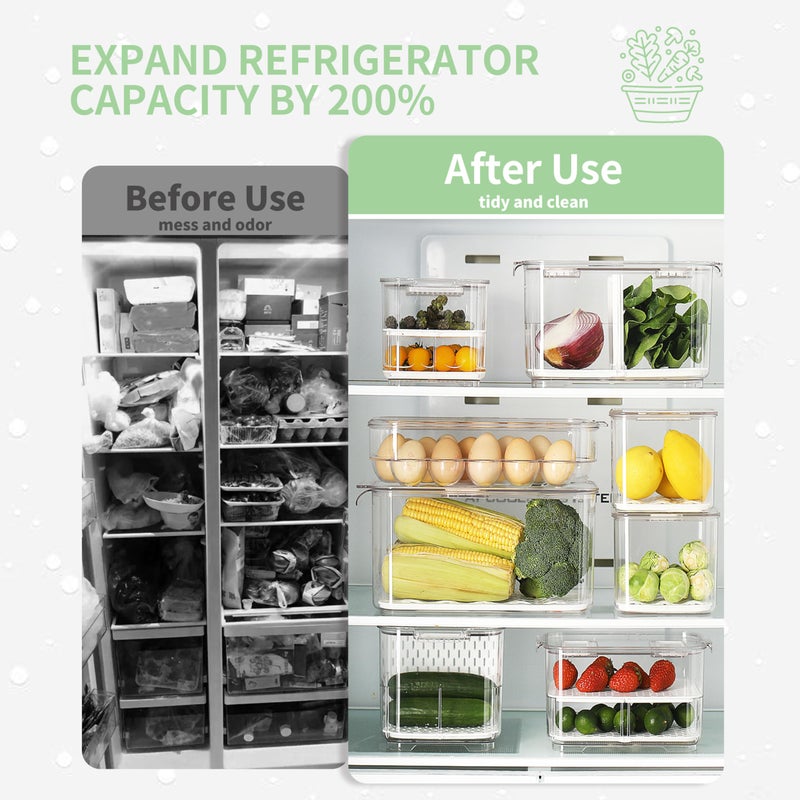 elabo Fruit Storage Containers Fridge Produce Saver -Stackable Refrigerator Organizer Storage and Colander Container with Lids and Removable Drain Tray for Veggie, Berry and Fruits, 2 Large - Image 4
